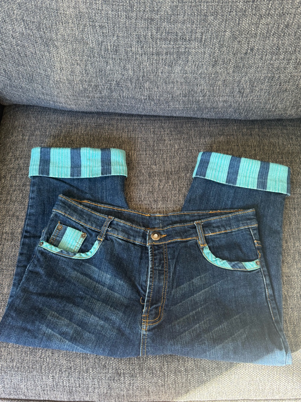Y2K H.T.J. Best Jeans Blue Denim Jeans With Mint Green Accented Cuffs